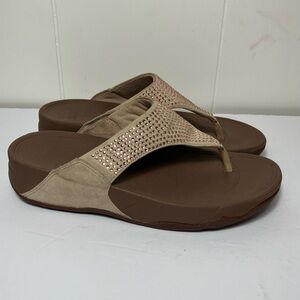 Fitflop Rokkit Suede Jewelled Sandals‎ golden dazzle flip flops slip on size 8